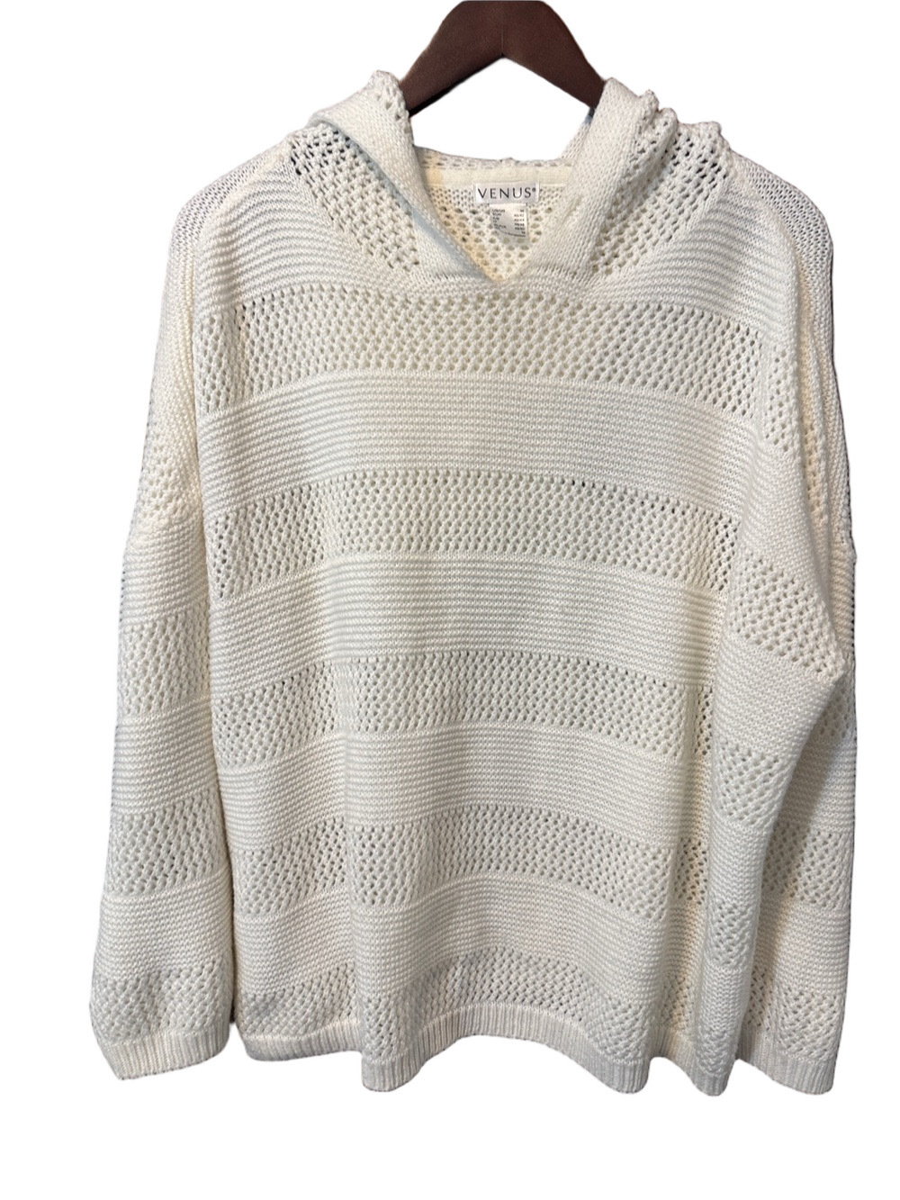 VENUS Lightweight Oversized Off-White Open-Knit Hooded Pullover Sweater Size M - Picture 2 of 3